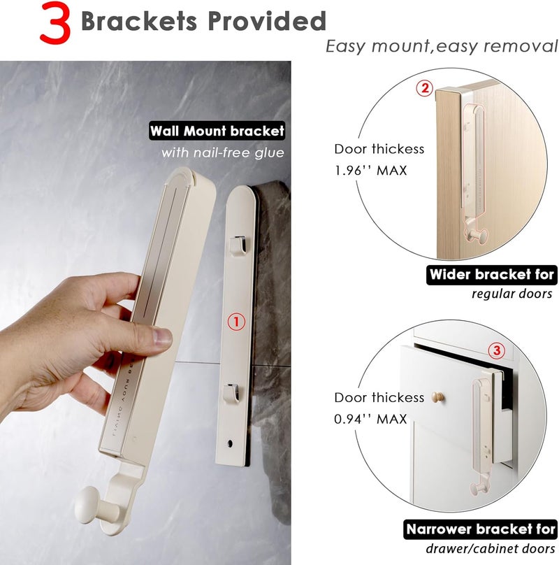 TASEVO Folding Clothes Drying Rack with 3 Brackets for Over The Door and Wall Mount, All Metal Laundry Dryer Rack with Retractable Rod for Towel, Fit Doors Thickness from 0.59in to 1.96in (Cream White) - Image 3